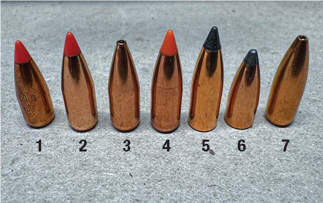 Bullets used in handloading testing: (1) Hornady V-Max 40-grain, (2) Hornady V-Max 50-grain, (3) Hornady BTHP 52-grain, (4) Nosler Ballistic Tip 50-grain, (5) Nosler Varmageddon 55-grain, (6) Sierra Spitzer 45-grain and (7) Sierra BTHP 52-grain.